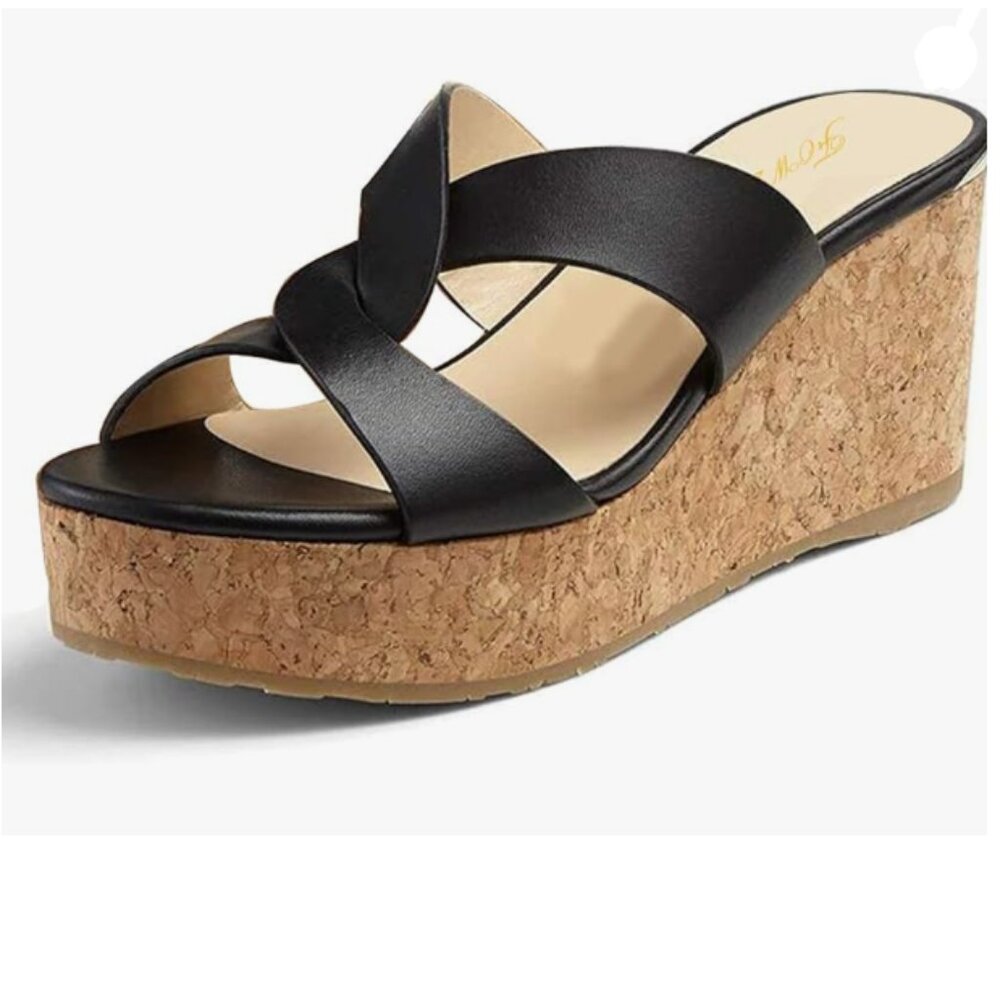 FOWT Black Almond Toe Cross Strap Slip on Platform High Wedge Heel Slide Sandals